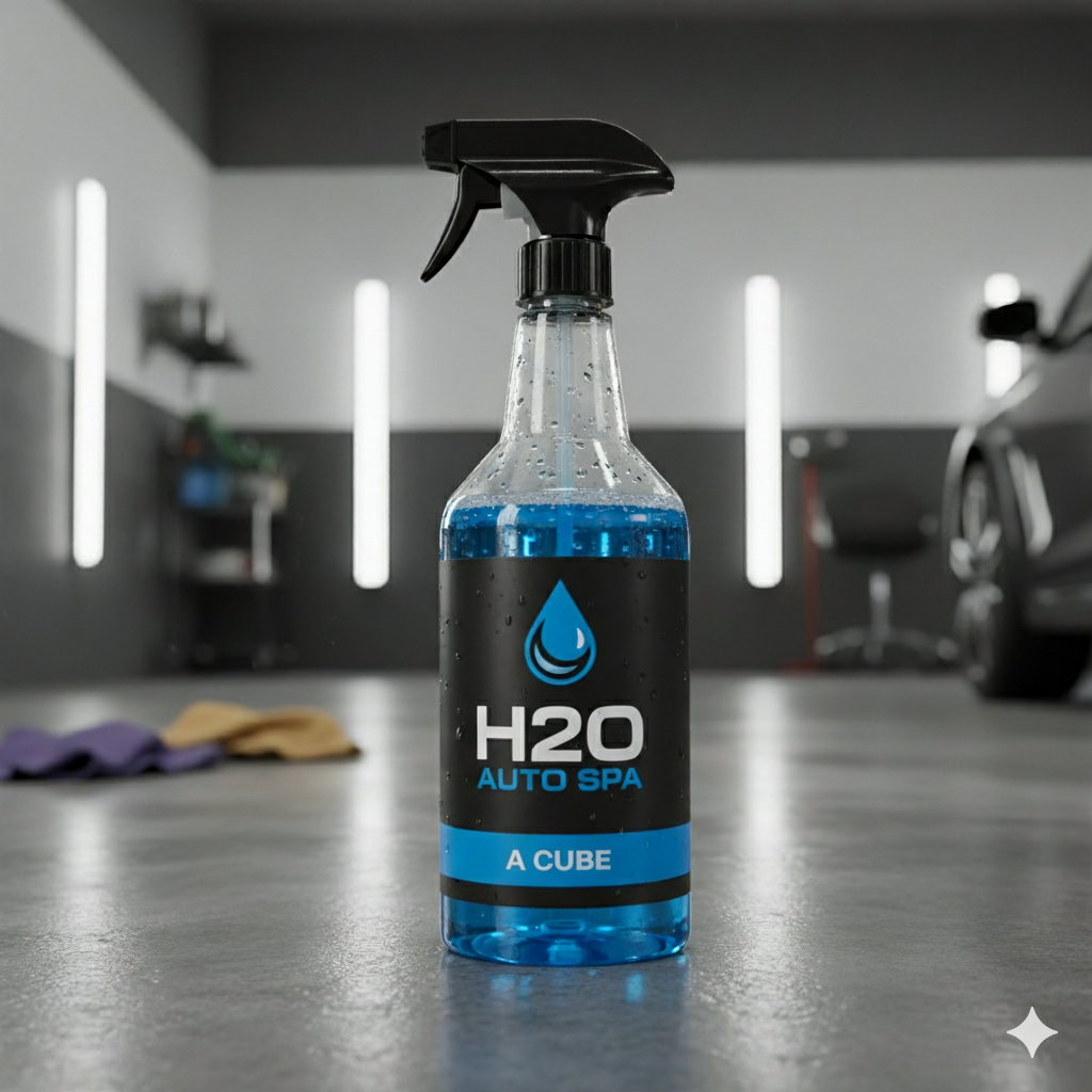 A professional car detailer standing in a well-lit garage, holding a bottle of H2O Auto Spa A Cube waterless wash. In the foreground, there are blue buckets, a hose, and a bottle of A Cube on a stone pedestal next to microfiber cloths, highlighting the product and its simple use.